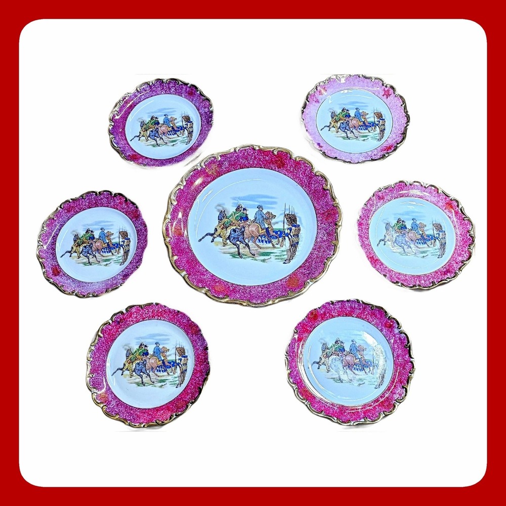 Schumann Arzberg Bavaria Napoleonic Battle Plate Set 7pc Magenta Gold Trim 7.5in